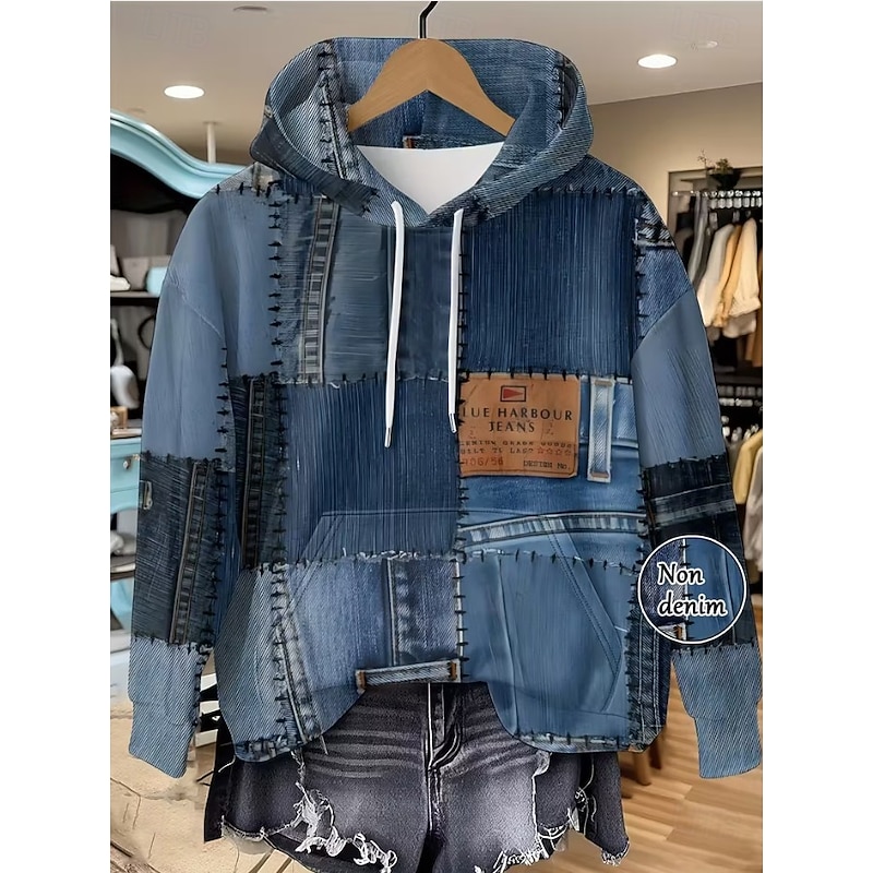 Women's Pullover Hoodie Sweatshirt Graphic Geometric Punk Active Vintage Long Sleeve Hooded Regular Tops Street Dailywear Patchwork Print Front Pocket Denim Blue Blue Fuchsia Light Blue Spring Fall
