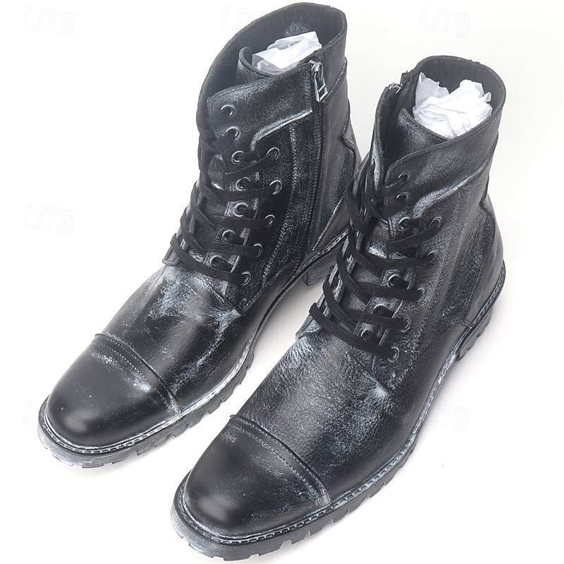 Men's Black Cowhide Combat Boots – Durable Lace-Up Military Style Leather Footwear for Outdoor Hiking, Motorcycle Riding and Casual Streetwear3