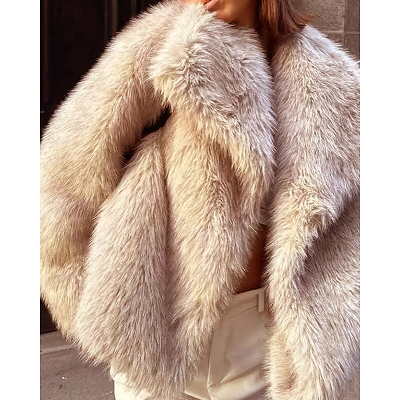 Women's Faux Fur Coat Warm Comfortable Furs & Leathers Casual Plain Street Casual Holiday Going out Short Regular Turndown Regular Fit Long Sleeve Outerwear Apricot Fall Winter