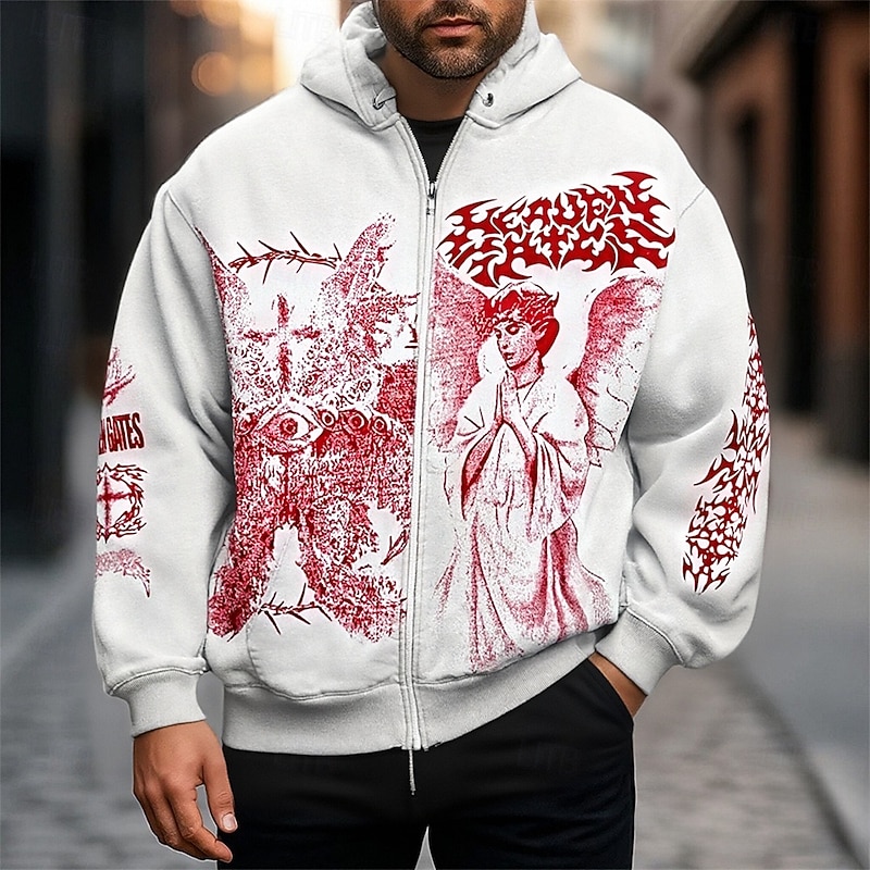 Men's Graphic Angel Hoodie Fashion Daily Hooded Vacation Party Streetwear Black White Zip Up Pocket Printing Spring Fall Designer3