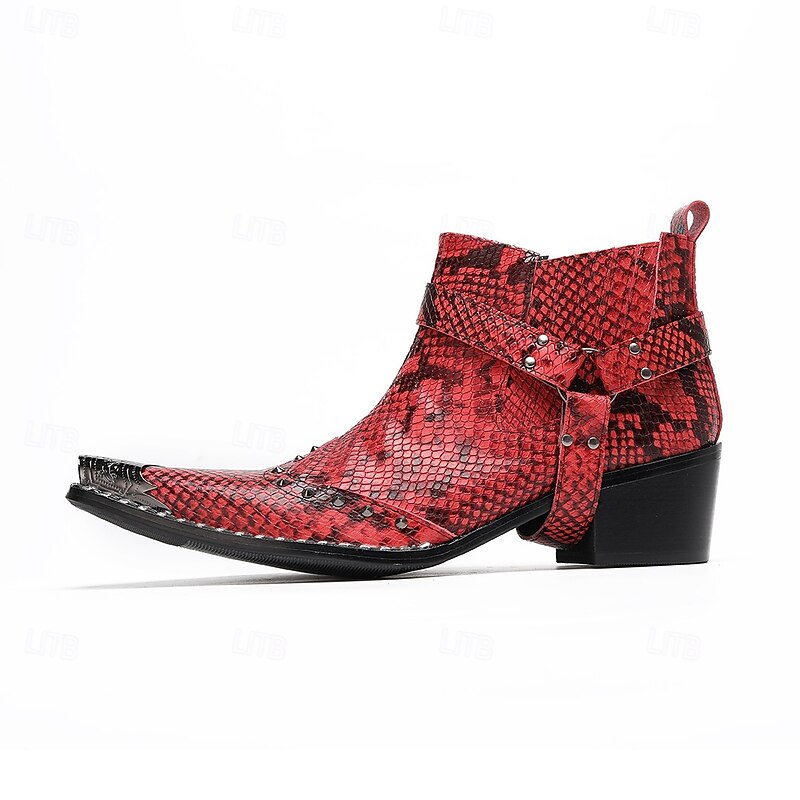 Men's Red Snake Print Leather Ankle Boots with Metal Toe and Buckled Strap – Rock Punk Western Cowboy Boots for Riders, Biker Style and Party Wear4