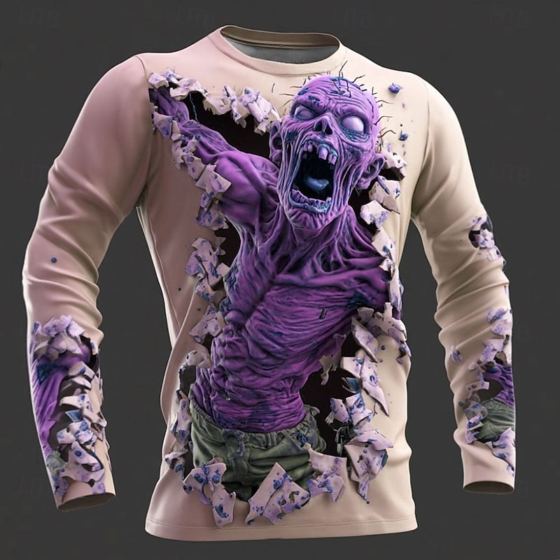 Halloween Men's Zombies 3D T Shirt Long Sleeve T shirt 3D Print Crew Neck Shirt Fashion Exaggerated Street Casual Daily Green 1# Green 2# Pink Summer Spring Fall Clothing Apparel S M L XL XXL XXXL3