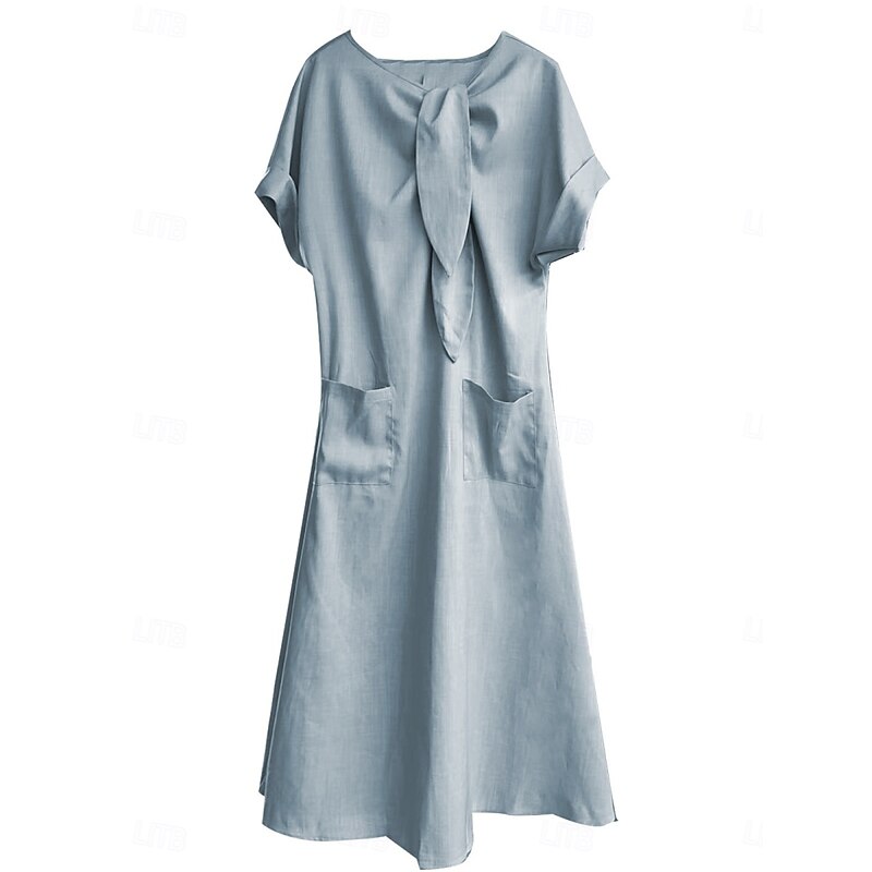 Women's Midi Dress A Line Dress Casual Daily Loose Fit Plain Short Sleeve Notched Neck Blue Brown Army Green Apricot Summer2