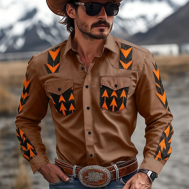 Men's Geometric Pattern Western Shirt Button Up Shirt Cowboy Shirt Long Sleeve Vintage Retro Outdoor Daily WorkWear Fall & Winter Turndown 3D Print Front Two Pockets Linen Like Shirt Army Green Blue2