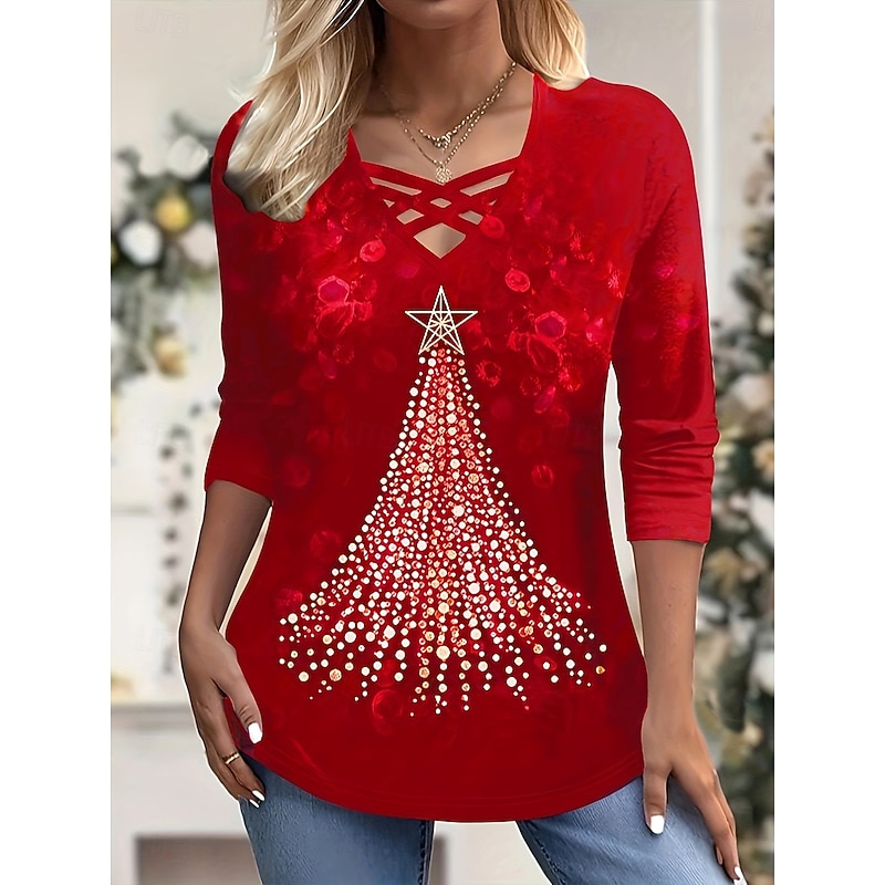 Christmas Women's T Shirt Graphic Christmas Tree Ugly Christmas Vintage Stylish Classic Long Sleeve V Neck Regular Tops Daily Tassel Tie Print Red Fall Winter