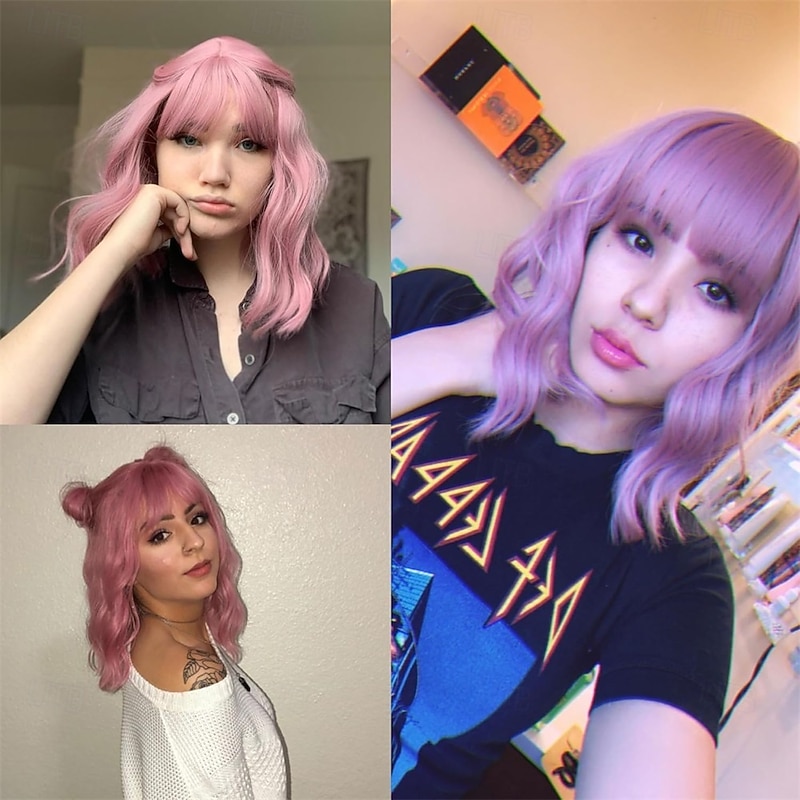 Wavy Wig With Air Bangs Women's Short Bob Purple Pink Wigs Curly Wavy Shoulder Length Pastel Synthetic Bob Wig for White Women Girls Daily Use Colorful Wigs4