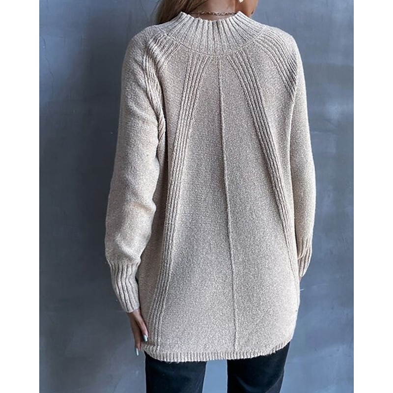 Women's Sweater Pullover Fashion Casual Solid Color Ribbed Crew Neck Mock Neck Knitted Long Sleeve Regular Tops Knit Outdoor Daily Weekend Wine Red Black Fall Winter3