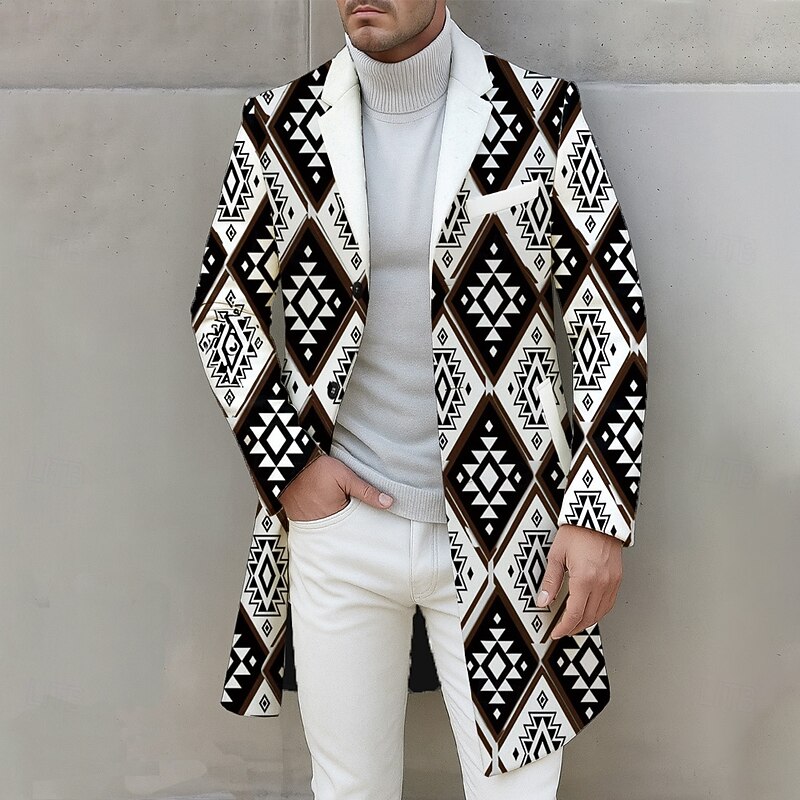 Men's Ombre Geometric Overcoat Coat Casual Business Daily 3D Print Buttons Front Pocket Spring Fall Winter Notch Long Sleeve Black Black-white - Main Image