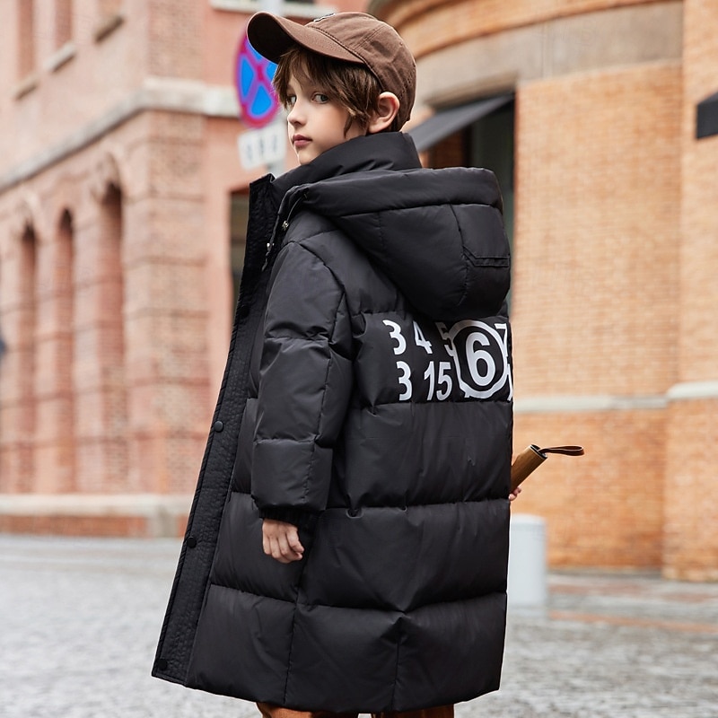 Kids Unisex Down Jacket Outdoor Jacket Puffer Jacket Outerwear Letter Long Sleeve Keep Warm Windproof Coat Outdoor Daily Basic Black Brown Gray Fall Winter 4 years+3