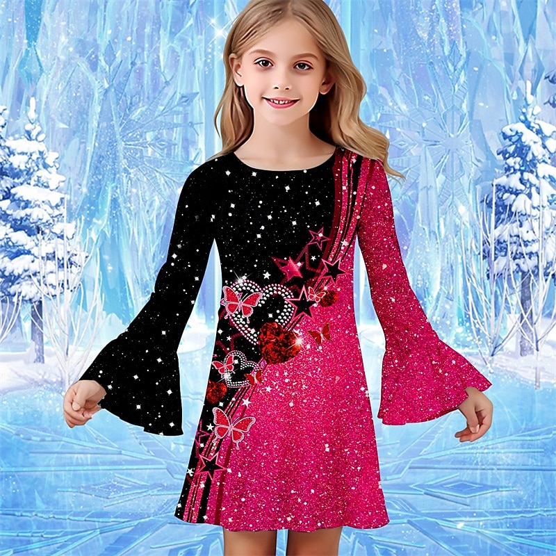 Girls' 3D Butterfly Stars Dress Ruffle Dress Long Sleeve Summer Spring Vacation Daily Holiday Beautiful Sweet Kids 4-12 Years Casual Dress Knee-length Regular Fit4