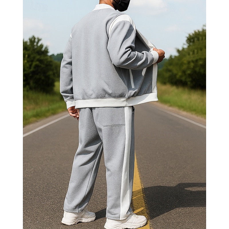 Men's Zip Up Sweatshirt Lounge Sweatsuit Sets 2 Piece Tracksuit with Pocket Color Block Clothing Suit Fall Black White Hiking Vocation Outdoor Long Sleeve Sport Activewear Micro-elastic Regular Fit2