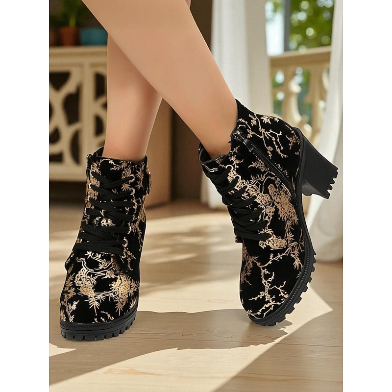 Women's Black  Ankle Boots – Chunky High Heel Combat Booties with Gold Embroidery and Buckle Detail for Party, Night Out and Fashion Streetwear