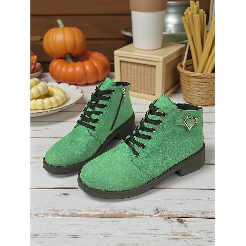 Women's Khaki Ankle Boots, Casual Lace-Up Combat Boots with Side Zipper and Heart Buckle Detail for Everyday Outfits