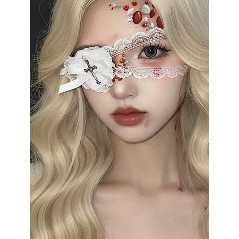 Women's Gothic Lace Eye Patch and Veil with Cross and Gem Accents - Halloween Cosplay Costume Accessory for Masquerade and Theme Parties4