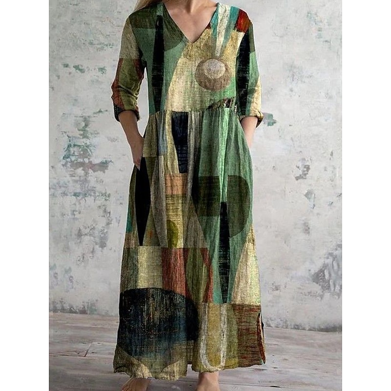 Women's Midi Dress Shift Dress Vacation Casual Daily Loose Fit Floral Long Sleeve V Neck Yellow Blue Brown Green Spring Fall2