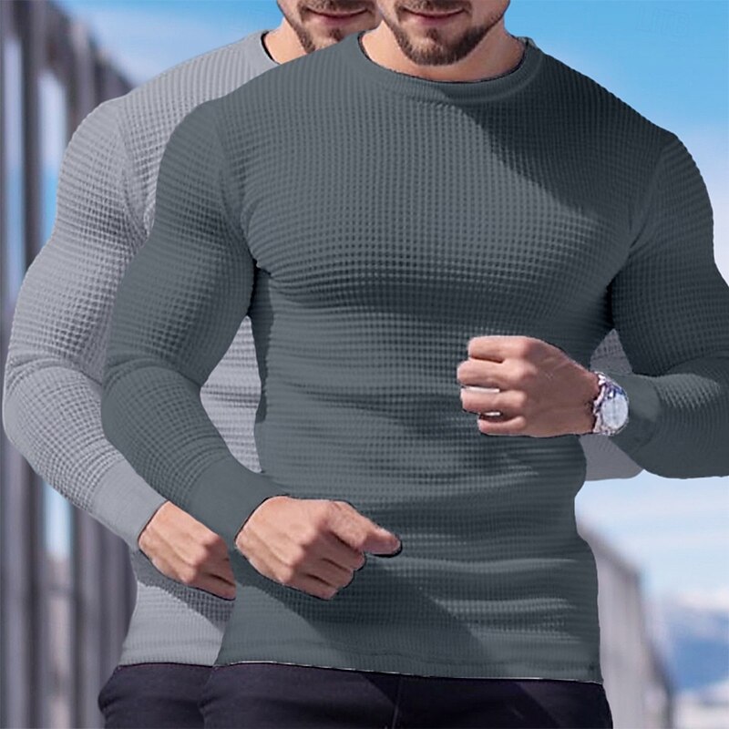 2 Piece Men's Waffle Shirt T Shirt Tee Top Long Sleeve Shirt Long Sleeve Crew Neck Crewneck Fall Spring & Fall Plain Fashion Designer Basic Knitted Vacation Street Casual  Top Tee for Men4