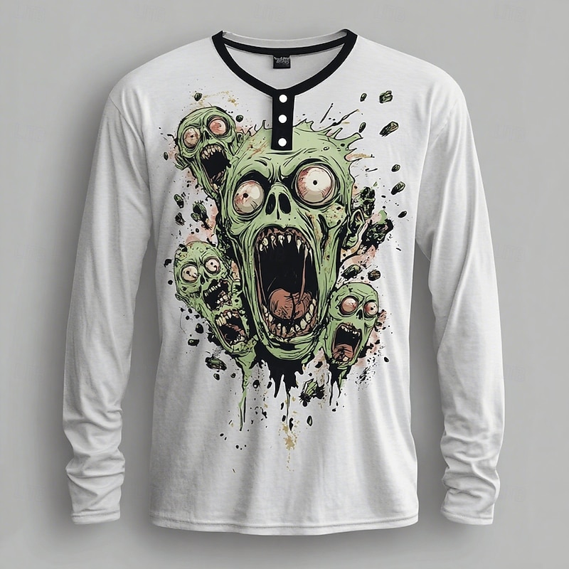 Men's Halloween Graphic Zombies Henley Shirt Long Sleeve Fashion Cute Daily Casual Holiday Going out Fall Spring &  Fall White Henley Collar Henley Henley T-Shirt