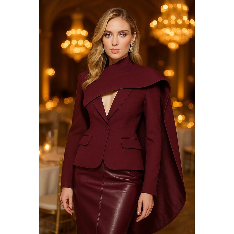 Women's Blazer Burgundy Sport Coat Formal Wedding Guest Tailored Fit Elegant Long Sleeve Cape Lapels Single Breasted