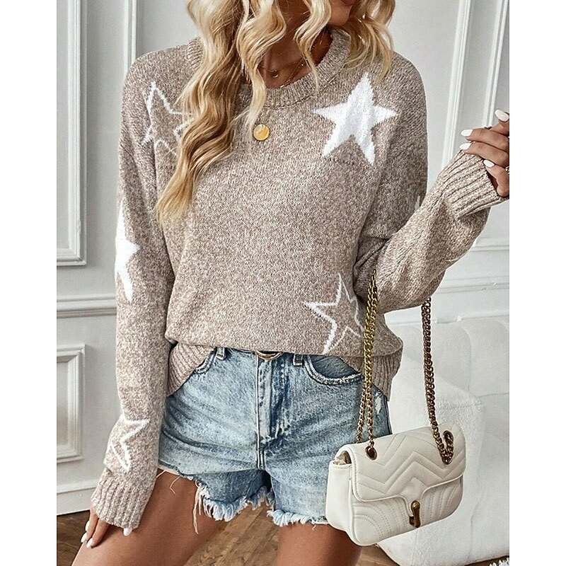 Women's Sweater Pullover Streetwear Casual Floral Crew Neck Knitted Print Long Sleeve Regular Tops Knit Daily Holiday Going out Khaki Fall Winter2