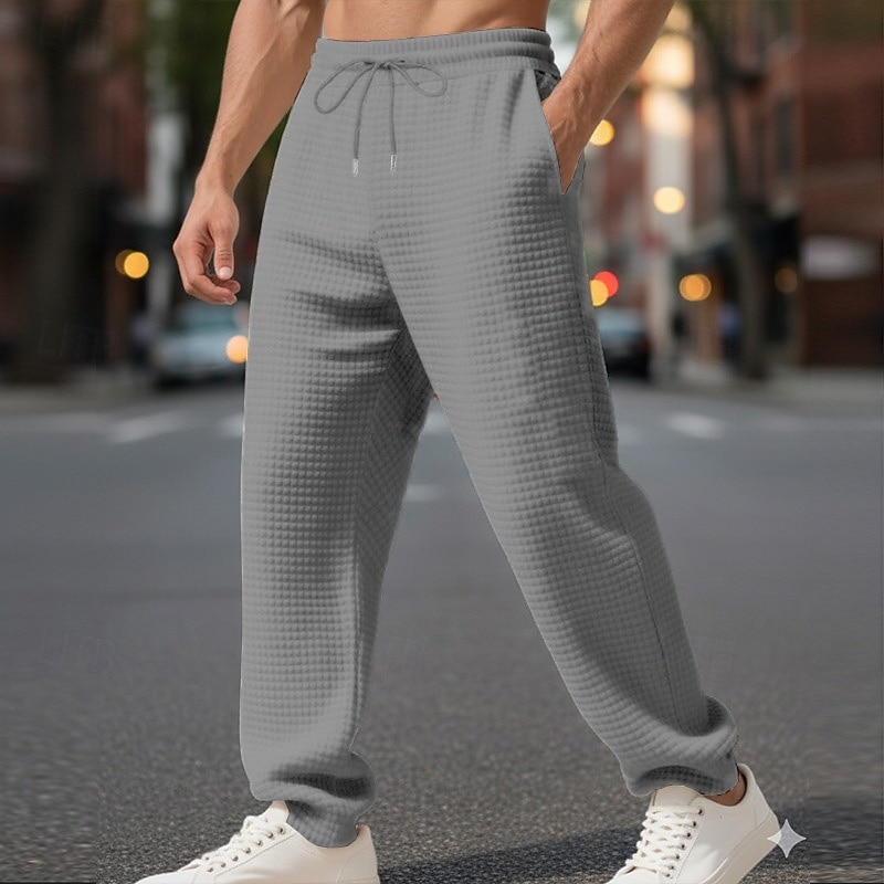 Men's Waffle Sweatpants Trousers Straight Leg Sweatpants Drawstring Front Pocket Plain Comfort Full Length Outdoor Work Daily Fashion Streetwear Black White Stretchy