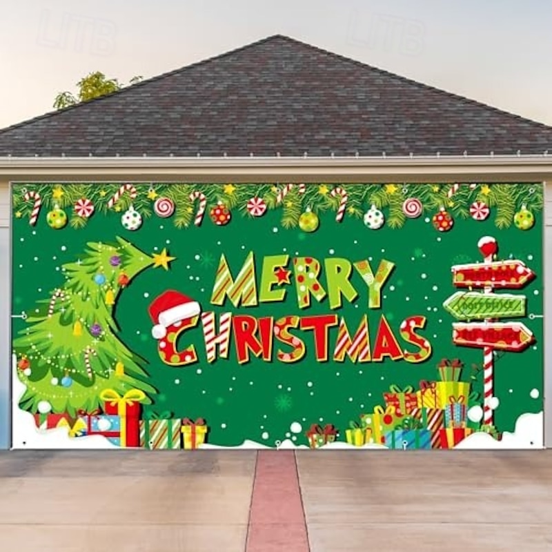 Christmas Outdoor Garage Door Cover Merry Christmas Wreath Candy Cane Santa Hat Large Tapestry Backdrop Holiday Party Wall Decoration For Outdoor Garage Door Home Festival Celebration Decor - Main Image