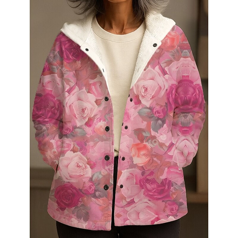 Women's Winter Coat Winter Jacket Warm Quick Dry Buttons Daily Modern Casual Comfortable Floral Vacation Casual Athleisure Daily Regular Hooded Loose Fit Sleeveless Outerwear Light Blue Yellow Pink2