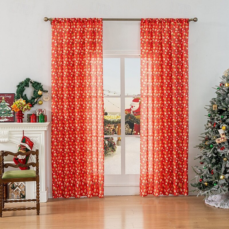 Christmas Decoration Scene Setup Curtains, European Style Snowman & Angel Print Window Drapes for Living Room & Bedroom Holiday Decor