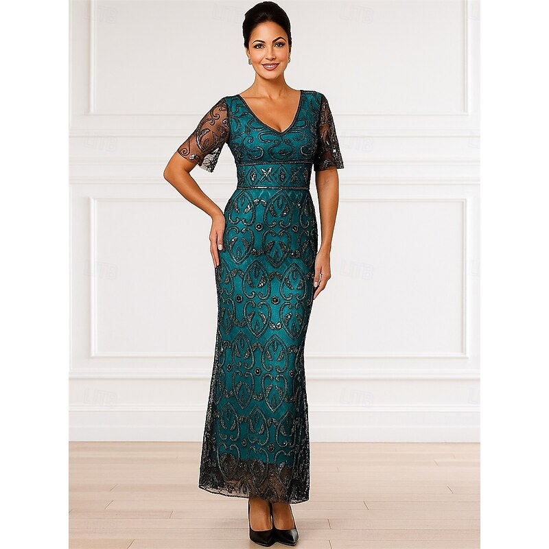 Sheath / Column Mother of the Bride Dress Elegant Vintage Sparkle & Shine V Neck Ankle Length Sequined Polyester Half Sleeve with Beading4