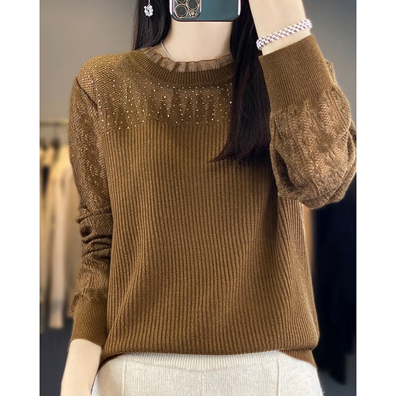 Women's Sweater Pullover Streetwear Casual Solid Color Stand Collar Lace Patchwork Knitted Long Sleeve Regular Tops Knit Daily Holiday Going out Wine Red Black Fall Winter3