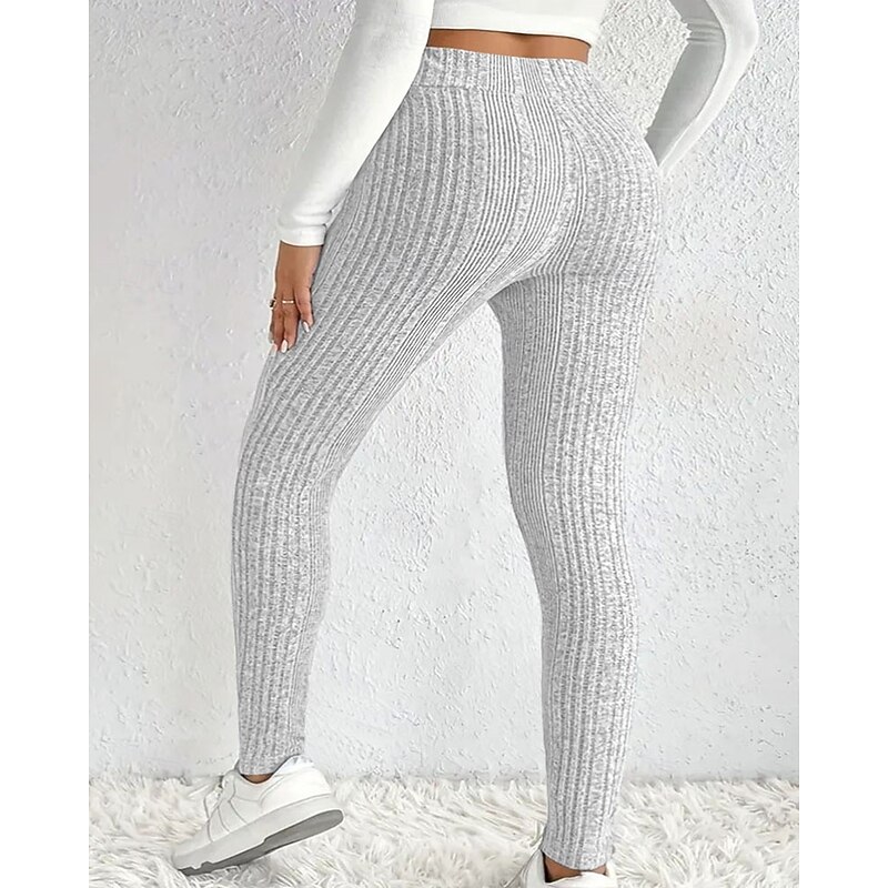 Women's Skinny Tights Leggings Vacation Vintage Streetwear Full Length High Waist Plain Striped Elastic Waist Comfortable Micro-elastic Stretchy Outdoor Vacation Daily Light Gray Black Fall Winter3