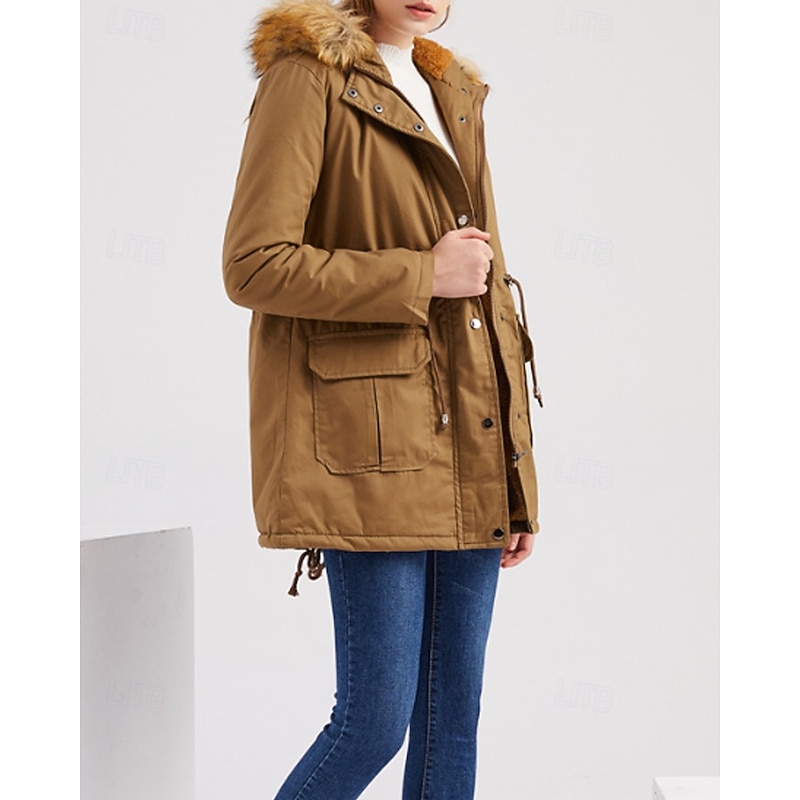 Women's Winter Coat Parka Warm Comfortable Zipper Pocket Fur Collar Casual Plain Vacation Daily Wear Going out Weekend Regular Hooded Regular Fit Long Sleeve Outerwear Black Wine Khaki Fall Winter3