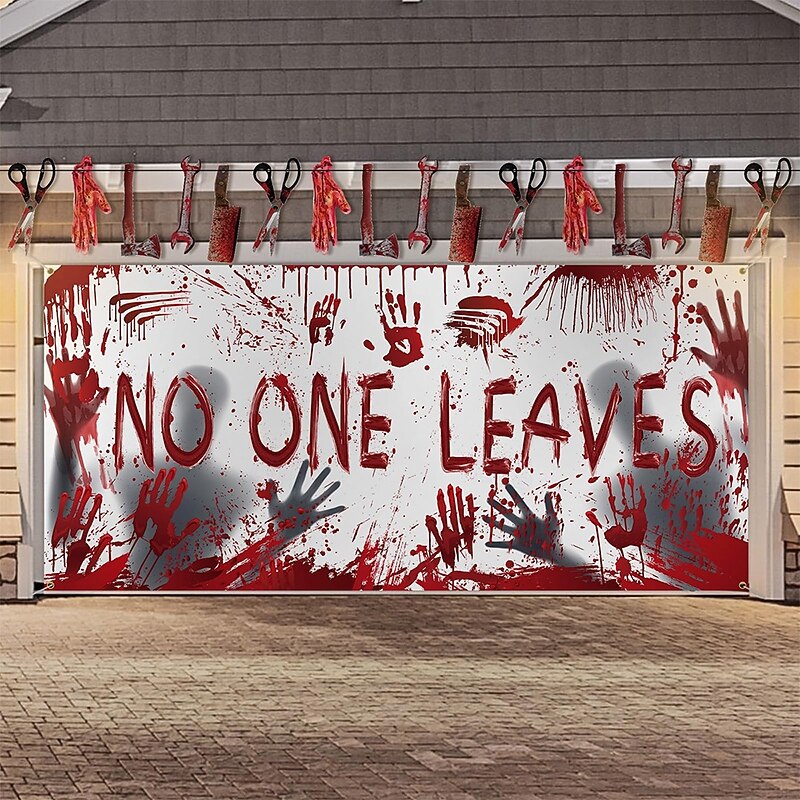 Halloween Garage Door Cover Large Hanging Backdrop Bloodstains Bloody Handprints Dark Punk Gothic Style Party Outdoor Shooting Backgrounds Yard Haunted House Home Decor2