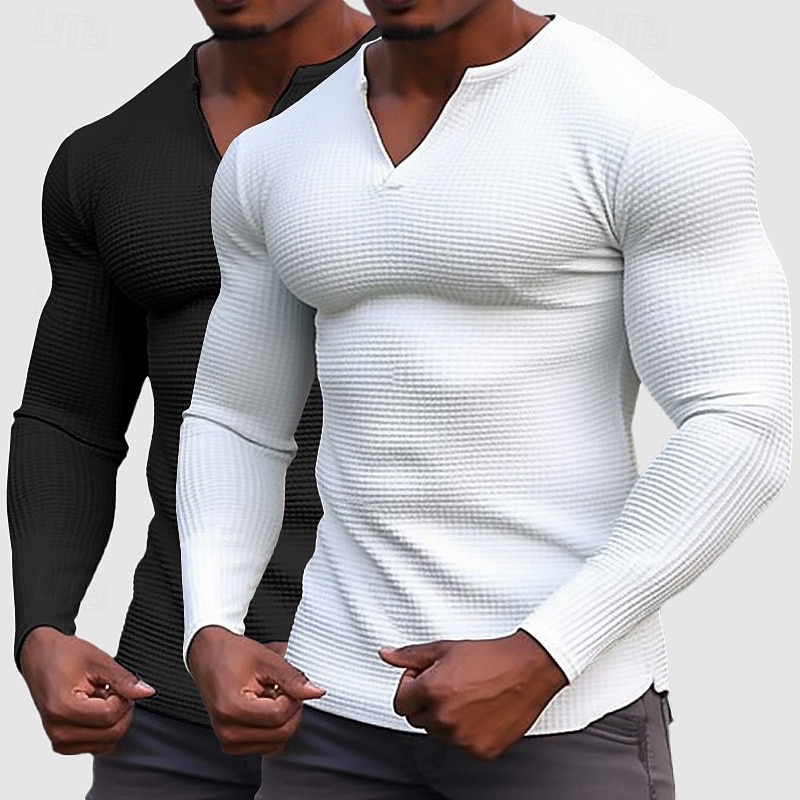 Men's Waffle Shirt T Shirt Tee Top Long Sleeve Shirt Long Sleeve V Neck Henley Spring &  Fall All Seasons Plain Fashion Designer Basic 2 Piece Vacation Street Casual C D E Top Tee for Men2