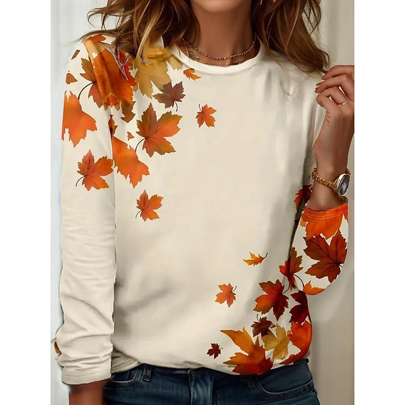 Women's T Shirt Graphic Plants Vintage Stylish Classic Long Sleeve Crew Neck Round Neck Regular Tops Daily Print Black off-white Spring Fall Winter