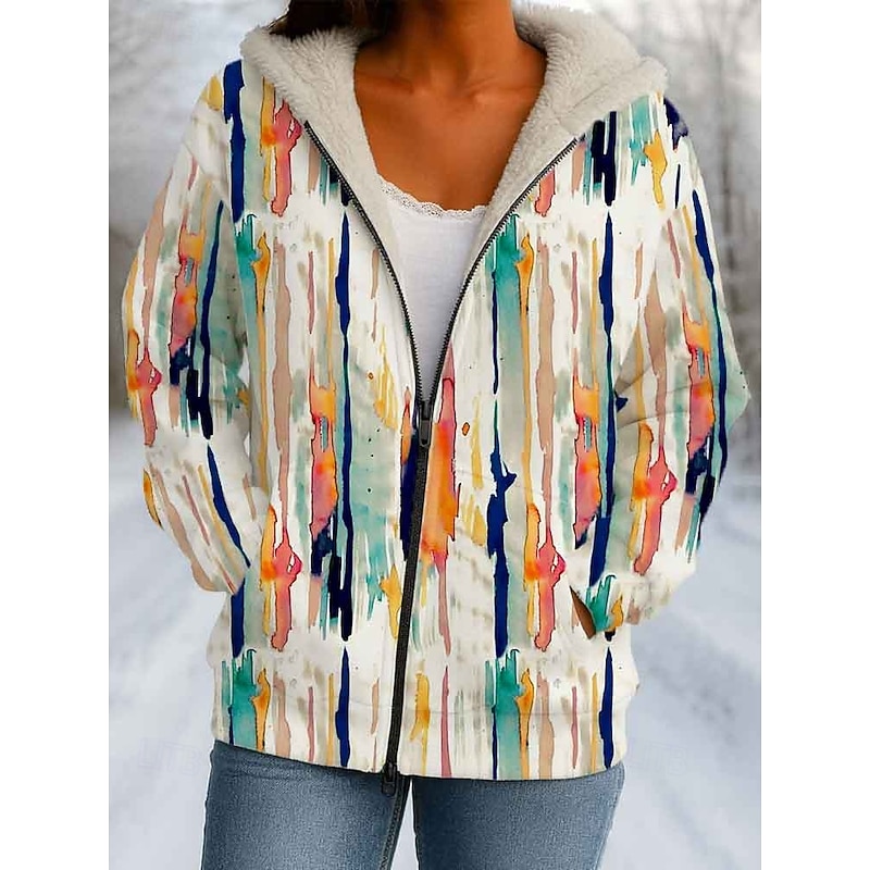 Women's Winter Coat Winter Jacket Windproof Warm Zipper Pocket Fleece Lined Casual Abstract Casual Athleisure Daily Daily Wear Regular Hooded Regular Fit Long Sleeve Outerwear Pink Purple Beige Winter