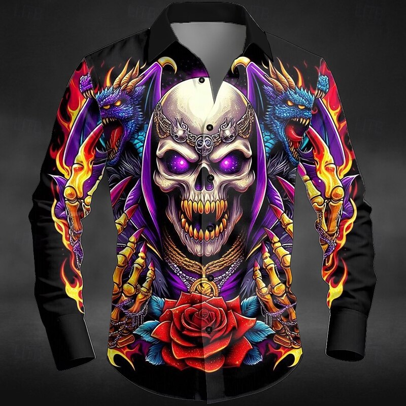 Halloween Men's Skull Devil Neon Glow Shirt Button Up Shirt Long Sleeve Dark Gothic Style Holiday Streetwear Spring Fall Turndown 3D Print Collared Shirts Rose+Black Black and Blue Black / Purple2