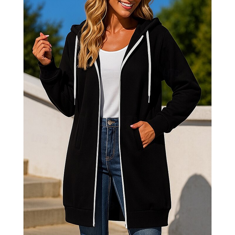 Women's Zip Up Sweatshirt Long Hooded Sweatshirt Drawstring with Pockets Long Sleeve Top Athleisure Fall Solid Colored Outdoor Travel Sports Sportswear Activewear Black White Red