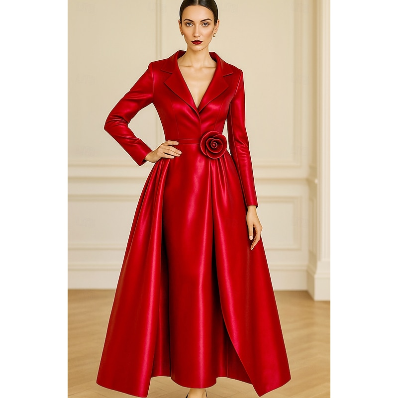 Tuxedo Dress A-Line Formal Wedding Wedding Guest Satin Elegant Vintage 3/4 Sleeve Pleated Ankle Length Notched Lapels Single Breasted