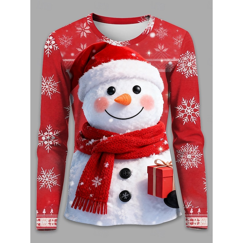 Christmas Women's T Shirt Snowman Snowflake Vintage Stylish Classic Long Sleeve Crew Neck Regular Tops Weekend Print White Red Green Winter2
