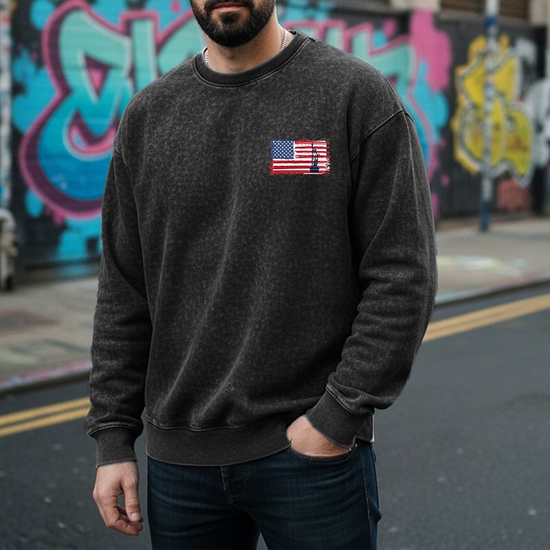 Men's Sweatshirt Distressed Hoodie Apricot Black Pink Army Green Brown Crew Neck American Flag Print Daily Holiday Going out 100% Cotton Vintage Retro Casual Fall Winter Clothing Apparel Hoodies3