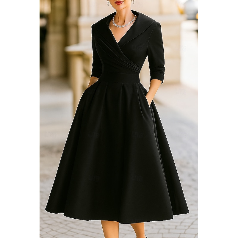 Red Black A-Line Mother of the Bride Dress Elegant Vintage Shirt Collar Tea Length Satin 3/4 Length Sleeve with Ruching Solid Color4