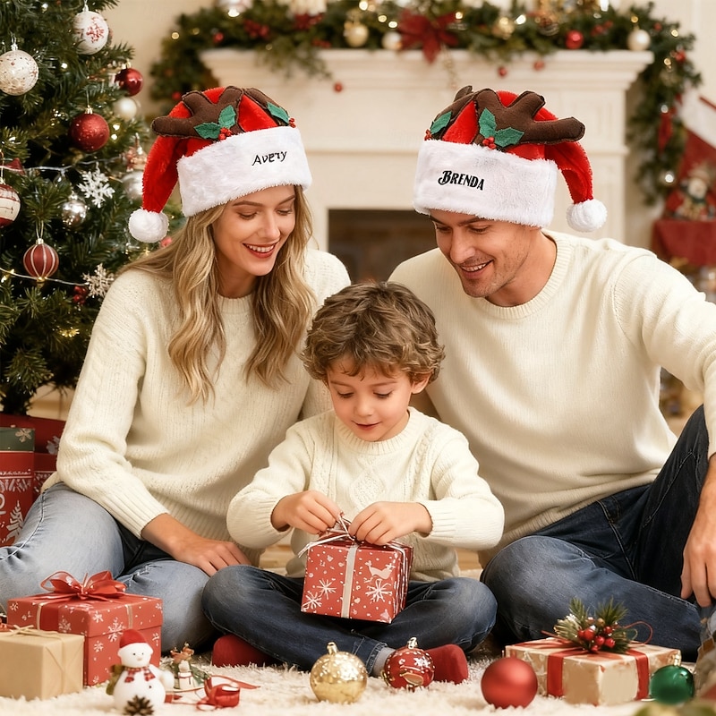 Personalized Embroidered Name Christmas Hat with Reindeer Antlers, Unisex Holiday Plush Santa Hat for Kids and Adults, Fun Party Decoration and Gift4