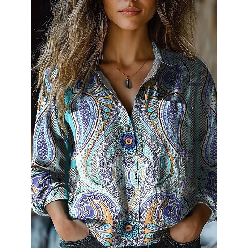 Women's Shirt Floral Graphic Paisley Elegant Stylish Retro Vintage Long Sleeve Shirt Collar Regular Tops Daily Holiday Pocket Buttons Print Blue Sky Blue Khaki Summer3