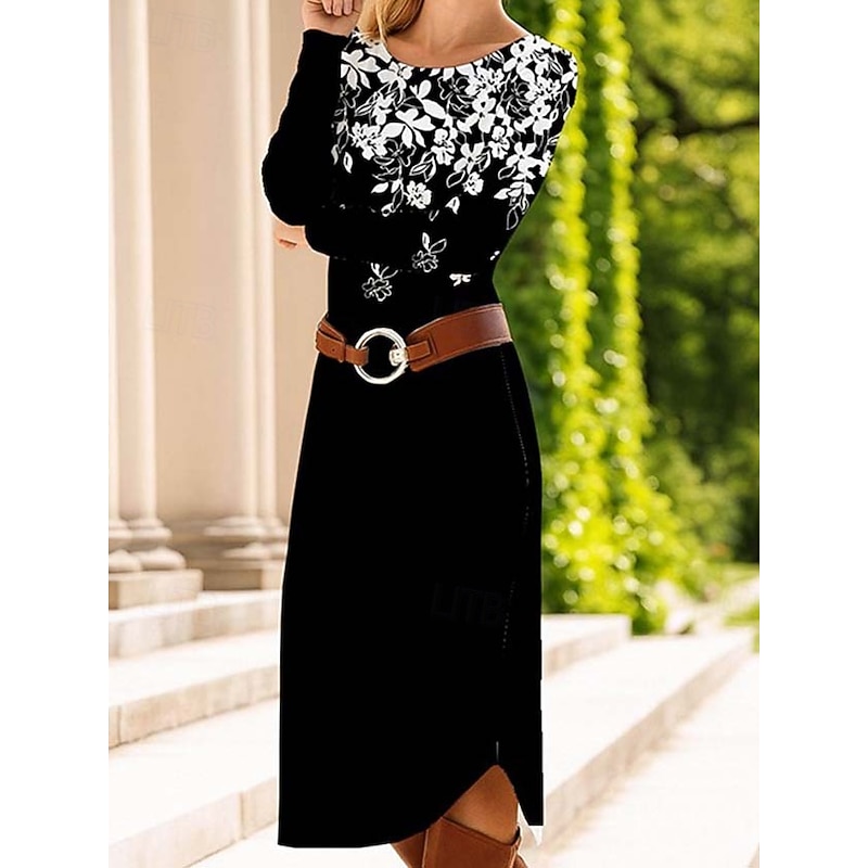 Women's Midi Dress Sheath Dress Shift Dress Casual Daily Regular Fit Floral Graphic Paisley Long Sleeve Crew Neck Black Purple Green Spring Fall Winter Autumn2