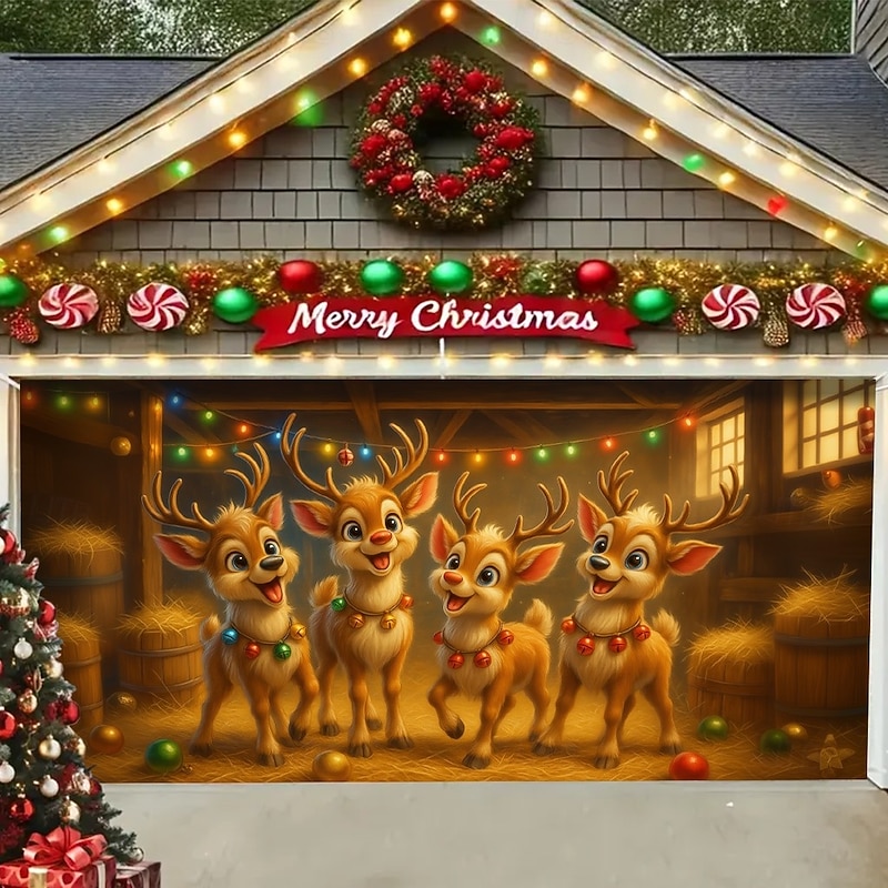 Christmas Garage Door Cover 2025 Xmas Reindeer Family Winter Scene Backdrop Banner, Holiday Outdoor Garage Decoration for Christmas Party and Home