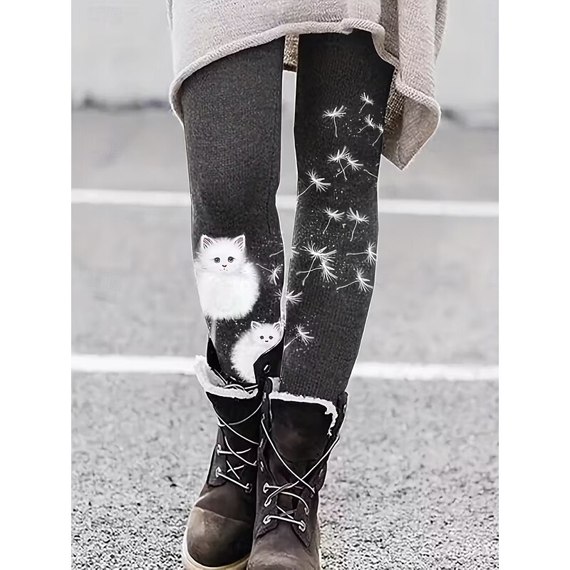 Women's Leggings Vacation Vintage Fashion Full Length High Waist Graphic Animal Cat Printing Thermal Warm Soft Breathable Stretchy Formal Outdoor Vacation Black ash-colored Spring Fall Slim Fit