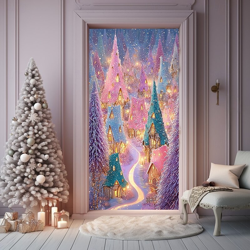Christmas Door Cover, Colorful Winter Wonderland Scene with Glittering Trees, 2025 Xmas Festive Lights and Holiday Door Curtain Backdrop for Xmas Party Indoor Outdoor Decorations3