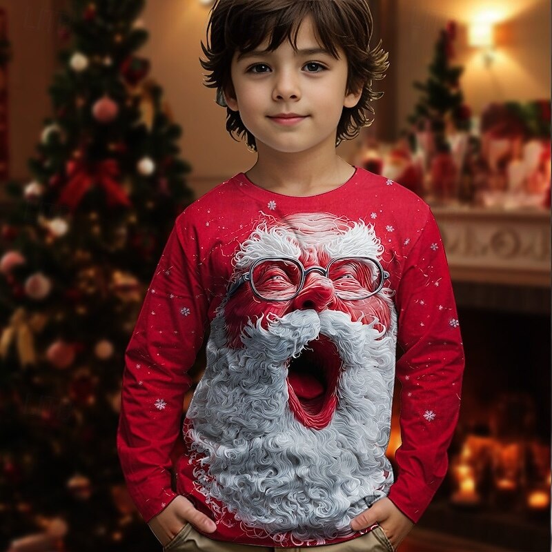 Christmas Boys' 3D Graphic Santa Claus T shirt Tee Long Sleeve Spring Fall Fashion Basic Kids 4-12 Years Crew Neck Outdoor Casual Daily Regular Fit