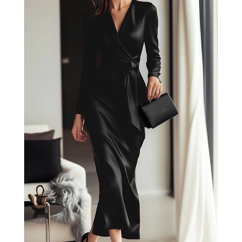 Women's Midi Dress Party Dress Cocktail Dress Satin Dress Elegant Modern Party Evening Party Regular Fit Plain Long Sleeve V Neck Black Wine Fall Winter