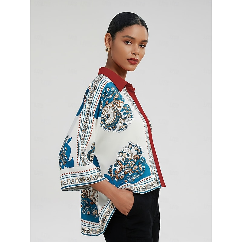 Women's Blouse Smooth Satin Bohemian Placement Print Dolman Sleeve Button Down Short Shirt4